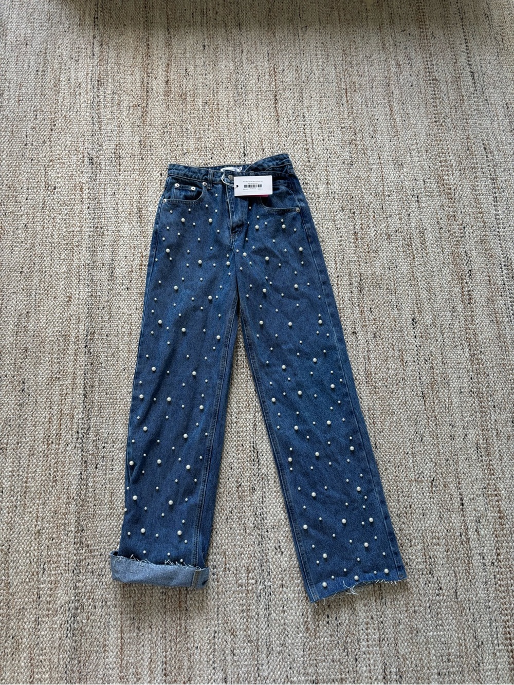 Pearl-Embellished Dark Blue Women's Jeans